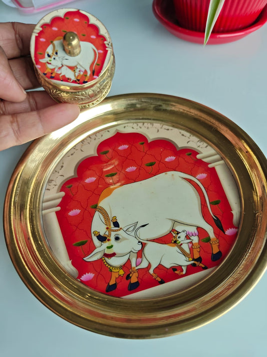 Buy Brass Red Kamdhenu Cow Pichwai Kumkum Box with Plate ( 6 inches plate)