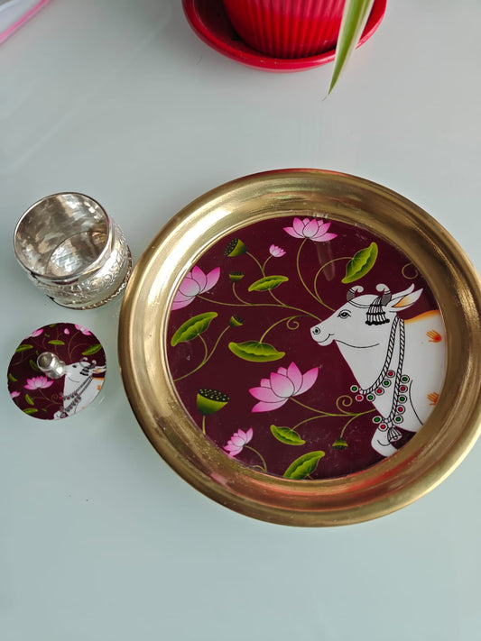 Buy Brass Pichwai Wine Cow  Kumkum Box with Plate ( 6 inches plate)