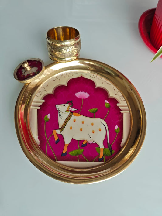 Buy Brass Pichwai Wine Cow Kamal Kumkum Box with Plate ( 6 inches plate)
