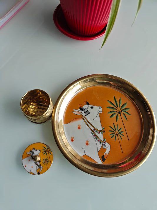 Buy Brass Pichwai Yellow Cow Kumkum Box with Plate ( 6 inches plate)