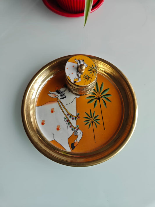Buy Brass Pichwai Yellow Cow Kumkum Box with Plate ( 6 inches plate)