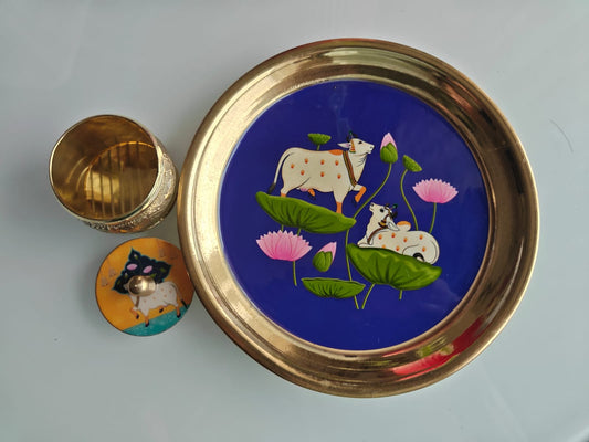 Buy Brass Blue Cow Pichwai Kumkum Box with Plate ( 6 inches plate)