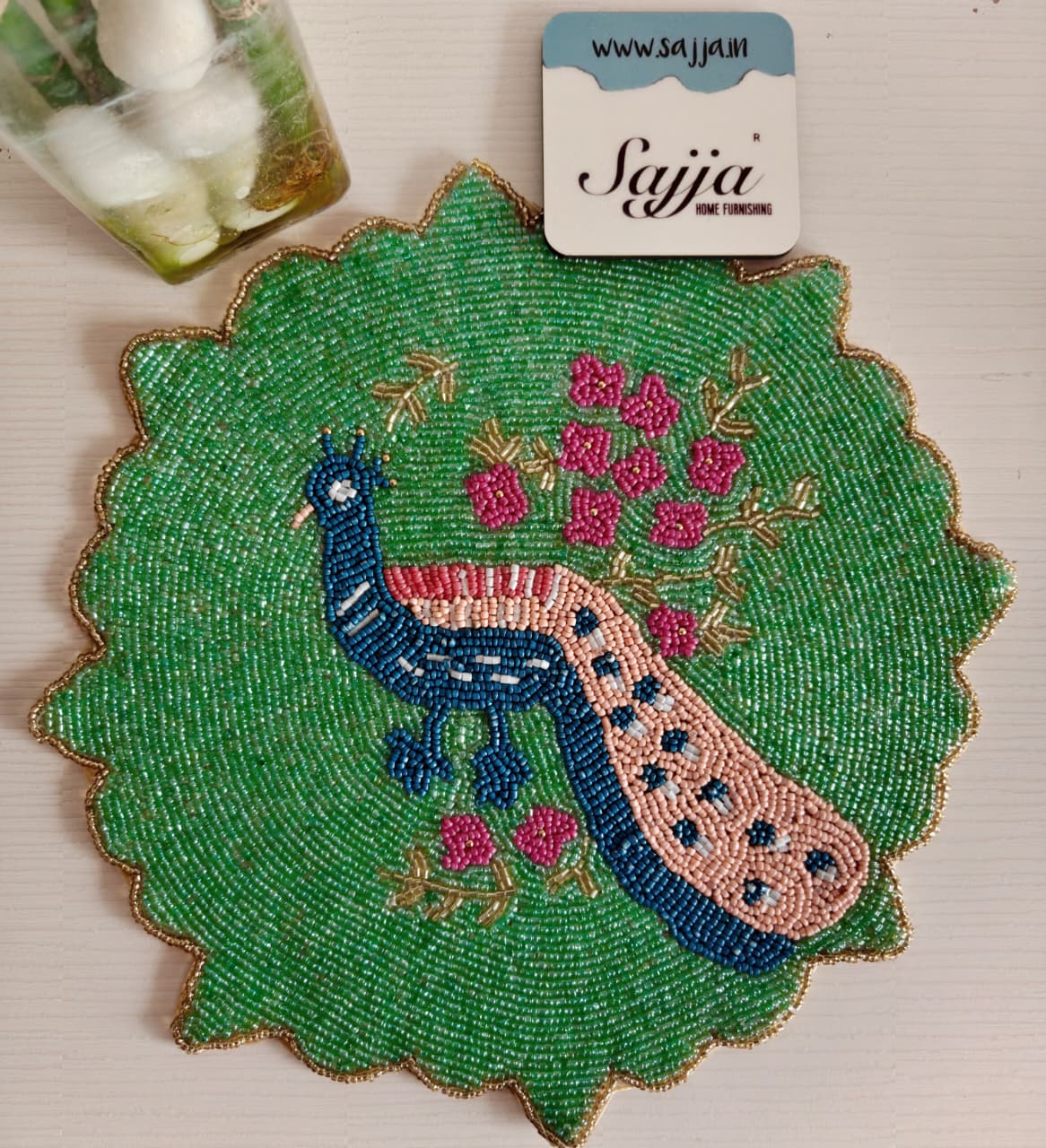 Designer Royal Peacock Gold Green Blue Beads Placemat Table Mat