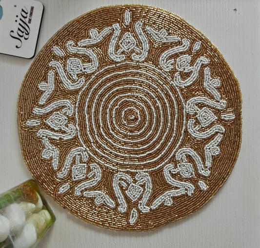 Unique Stylish Beaded Sequins White Round Table Placemat Runner