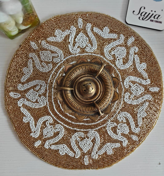 Unique Stylish Beaded Sequins White Round Table Placemat Runner