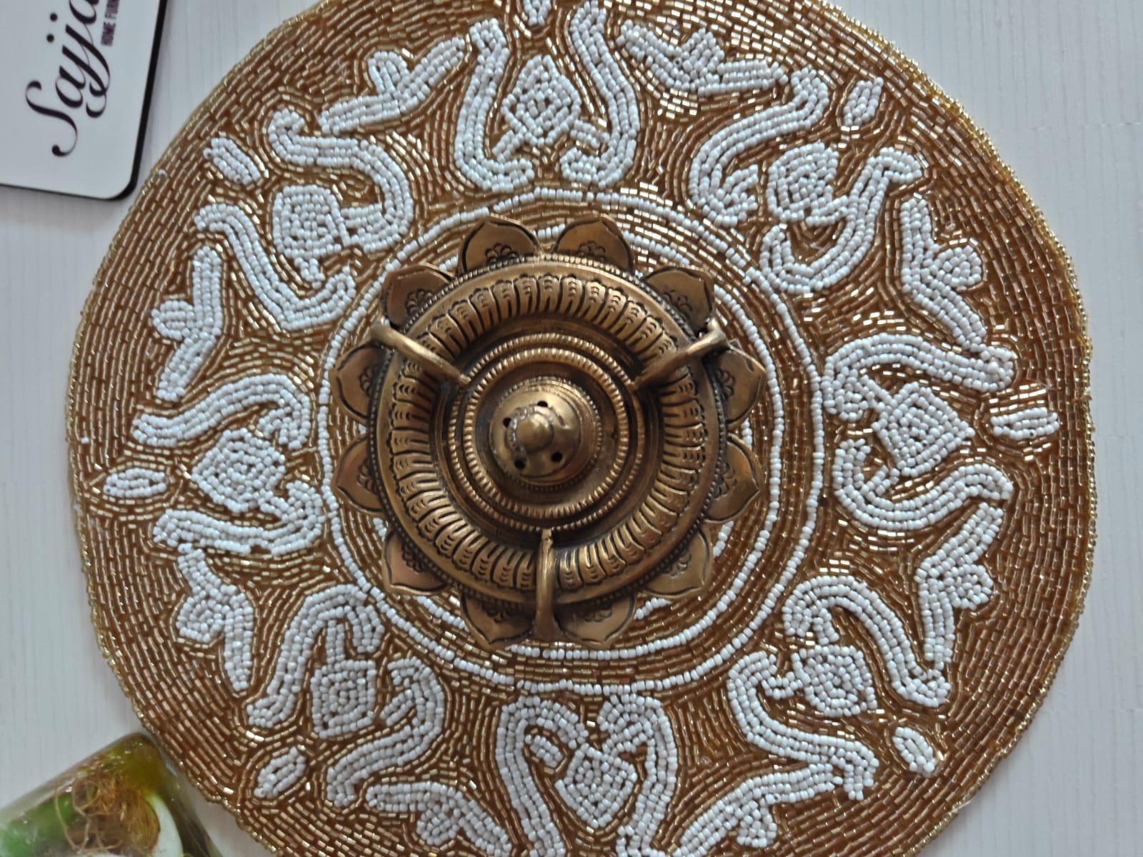 Unique Stylish Beaded Sequins White Round Table Placemat Runner