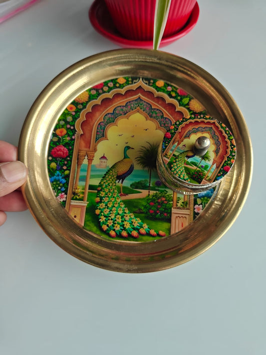 Buy Brass Peacock Pichwai Kumkum Box with Plate ( 6 inches plate)