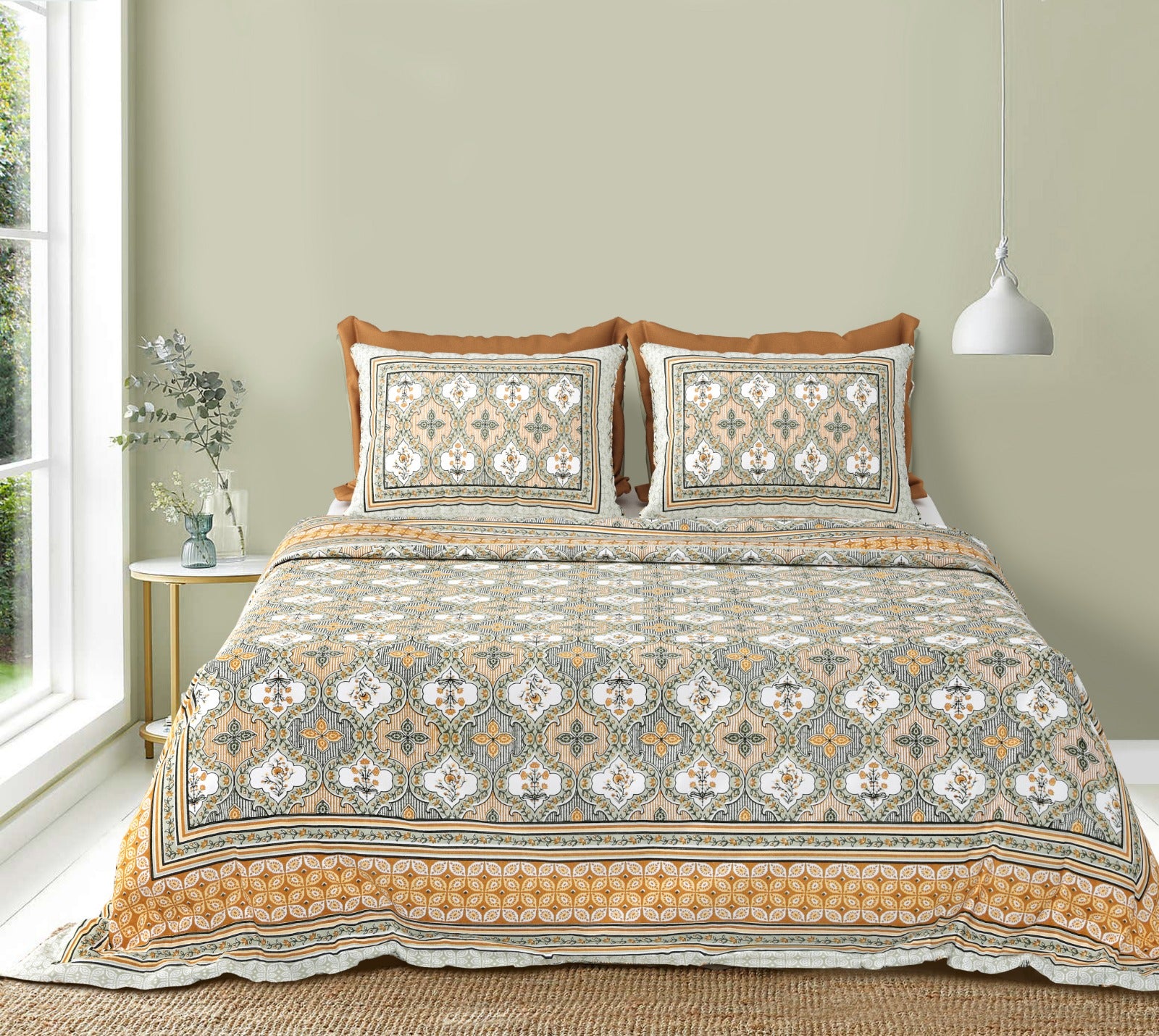 Vintage Hand block Damask Pattern Pure Cotton Double Bedsheet queen King Multicoloured