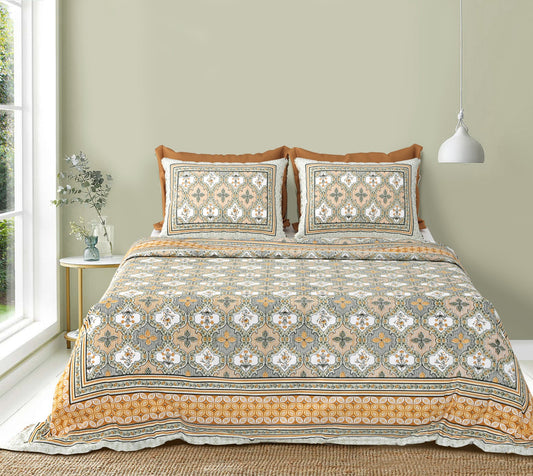 Vintage Hand block Damask Pattern Pure Cotton Double Bedsheet queen King Multicoloured