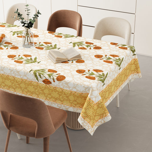 Pookalam Yellow Beige Multicolour Hand Block Cotton Table Cover - 60 x 90 inches 6 seater | smaller 8 seater  Table Cloth 