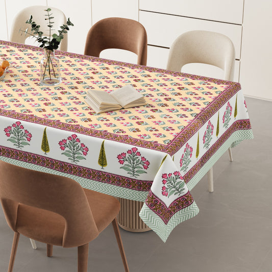 Designer Yellow Pink Hand Block Cotton Table Cover - 60 x 90 inches 6 seater | smaller 8 seater  Table Cloth
