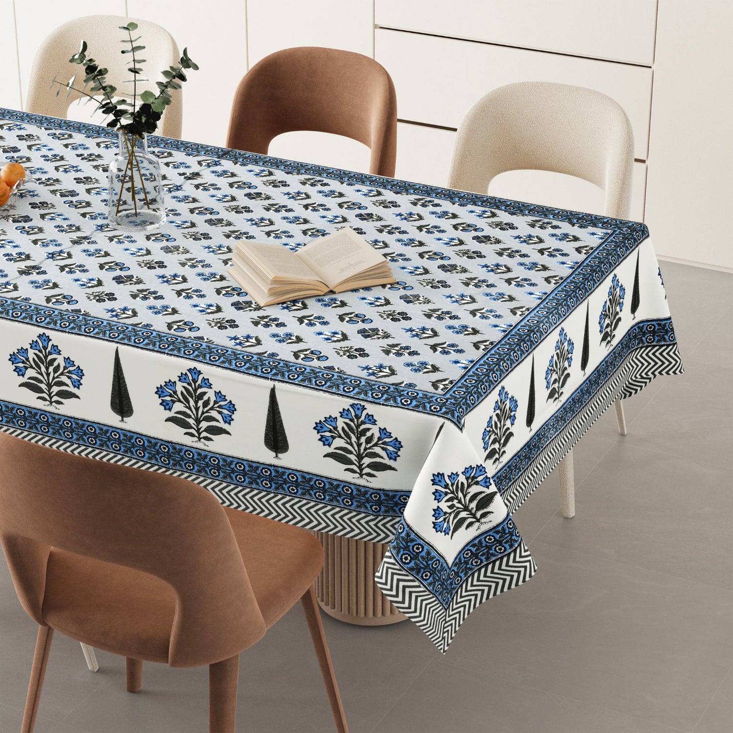 Vintage Blue White Multicolour Hand Block Cotton Table Cover  6 seater to 8 Seater