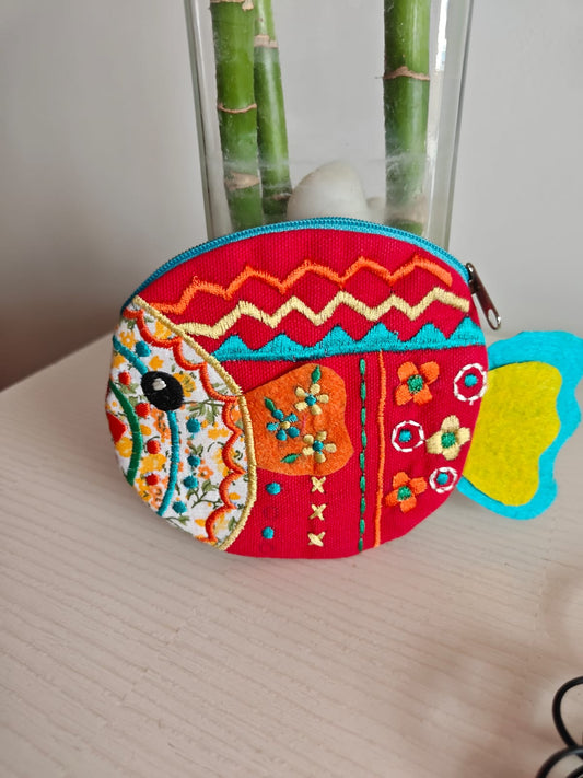 Handmade Cotton Fabric Red Kids Pouch Coin bag iPods Earplugs bag multicolour