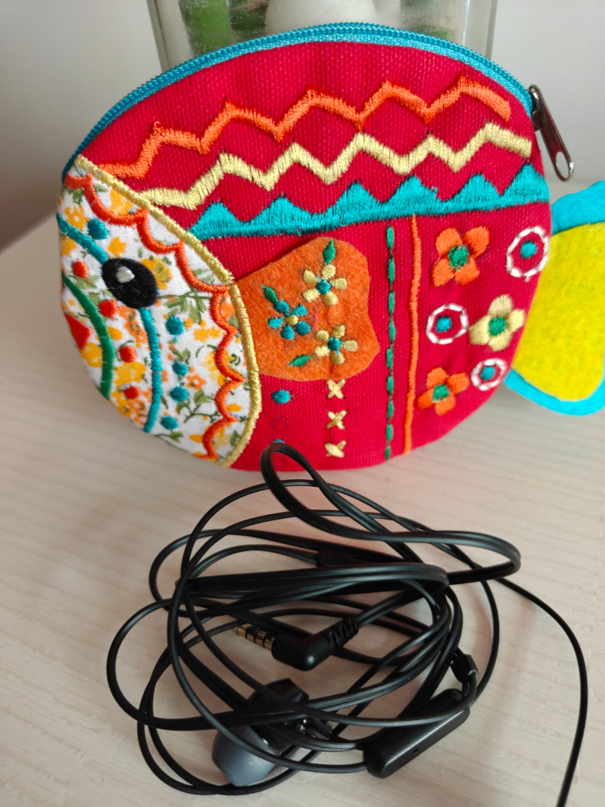 Handmade Cotton Fabric Red Kids Pouch Coin bag iPods Earplugs bag multicolour