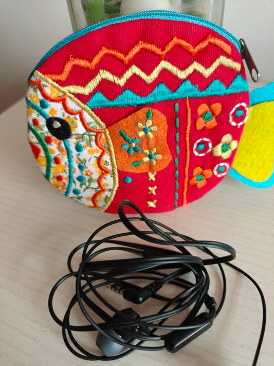 Handmade Cotton Fabric Red Kids Pouch Coin bag iPods Earplugs bag multicolour
