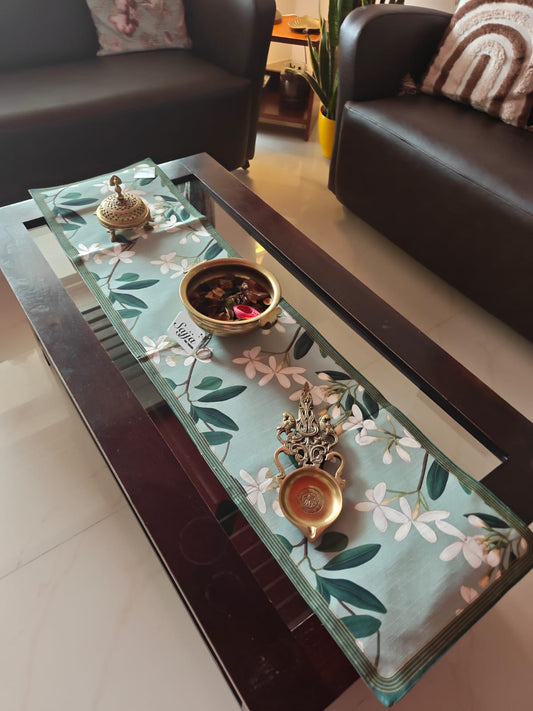 Jade Buddha Art Inspired Silk Small Coffee Table Runner L-48 in, W-12 in