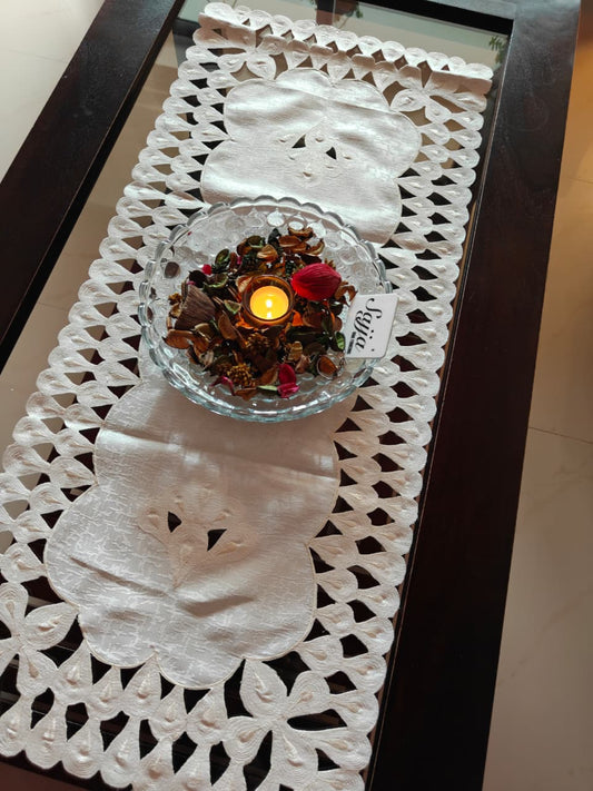 Beautiful Cutwork Ivory Velvet Teapoy Table Runner Cover Centre Table 4 Seater Table