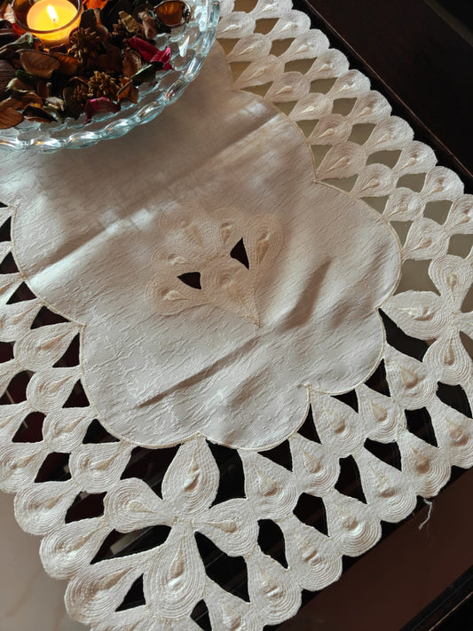 Beautiful Cutwork Ivory Velvet Teapoy Table Runner Cover Centre Table 4 Seater Table