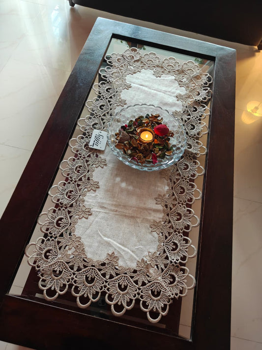 Victorian Lace Earthy Linen Console Crockery Table Runner Centre Table