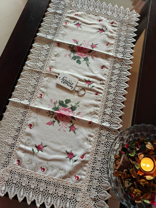 Beautiful N Sophisticated Cutwork Organza Cotton Embroidered Teapoy Table Runner 16 x36 inch