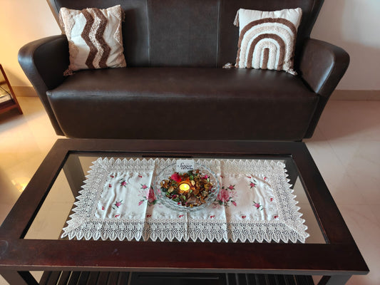Beautiful N Sophisticated Cutwork Organza Cotton Embroidered Teapoy Table Runner 16 x36 inch
