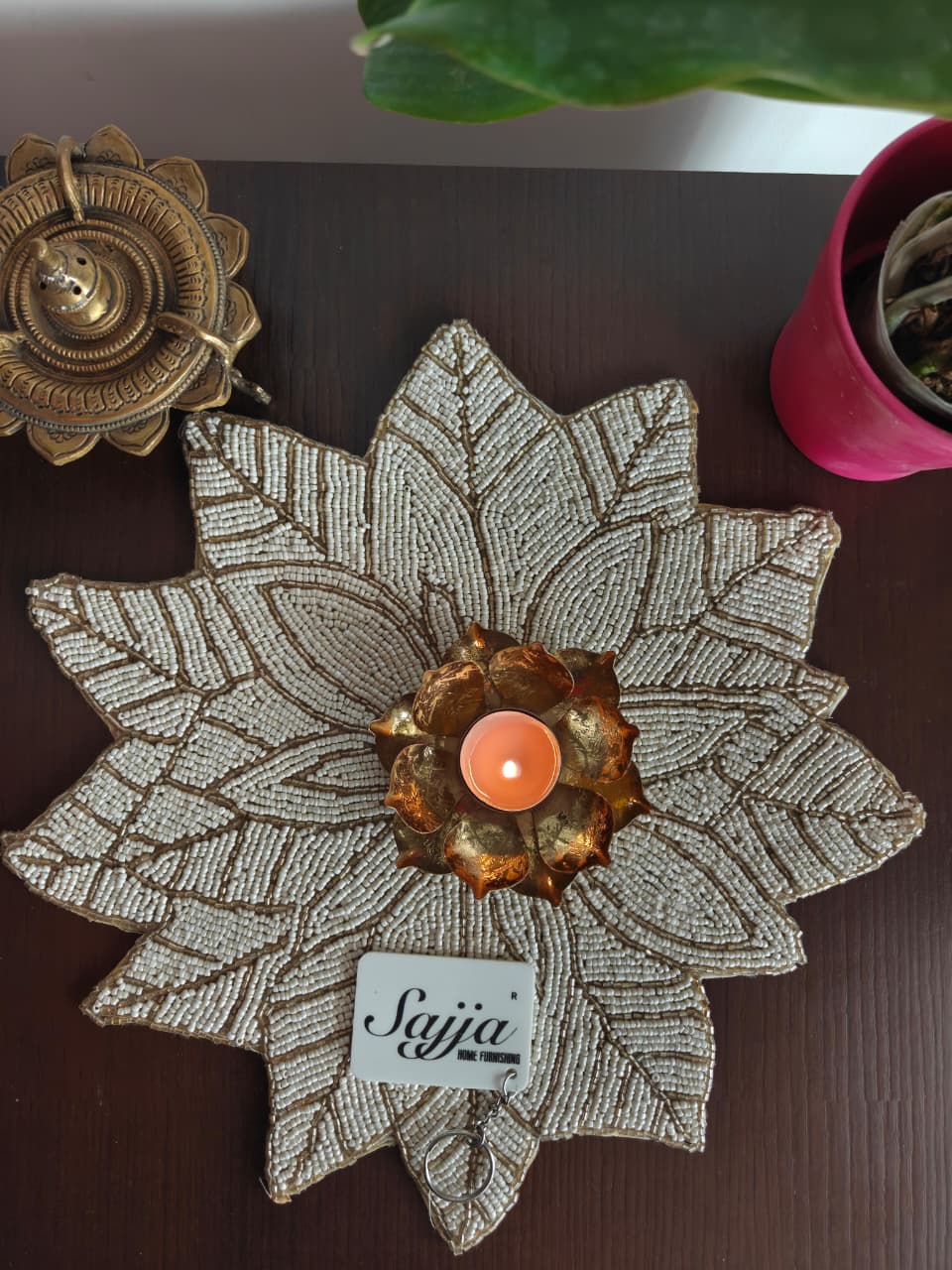 Designer French Inspired Ivory Gold Poinsetta Beaded Table Placemat