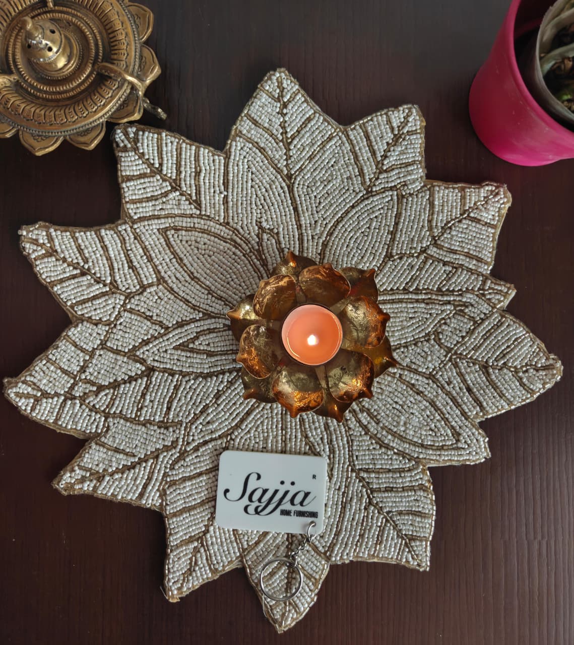 Designer French Inspired Ivory Gold Poinsetta Beaded Table Placemat