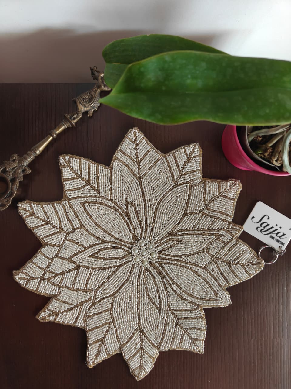 Designer French Inspired Ivory Gold Poinsetta Beaded Table Placemat