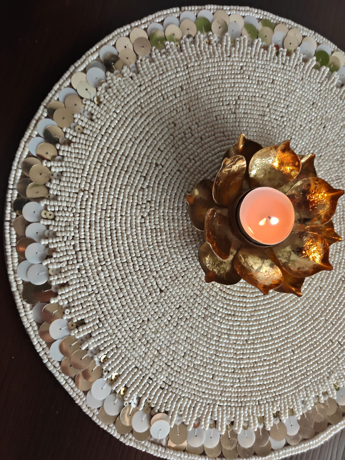 Handcrafted Glass Beads White Round Table Placemat Runner