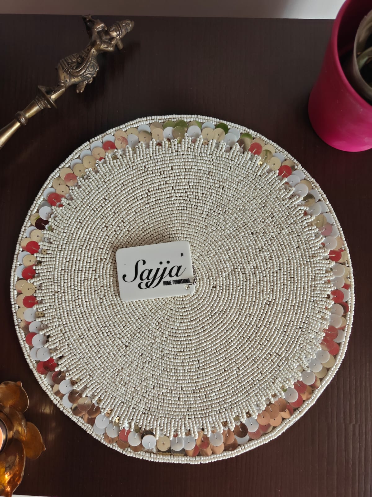 Handcrafted Glass Beads White Round Table Placemat Runner