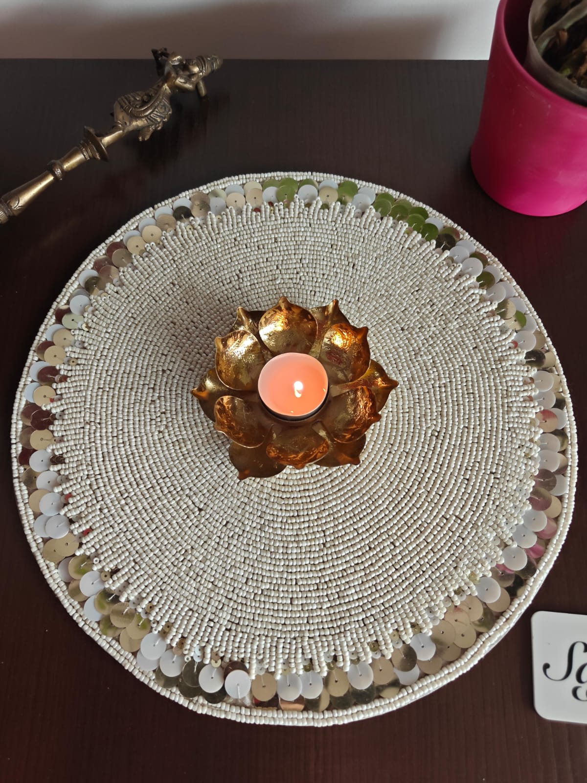 Handcrafted Glass Beads White Round Table Placemat Runner