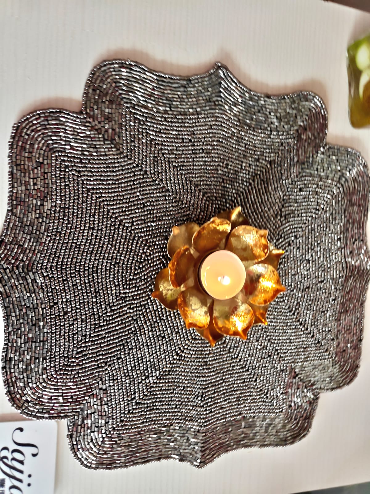 Metallic Grey Hand beaded Placemat Beads Round Mat