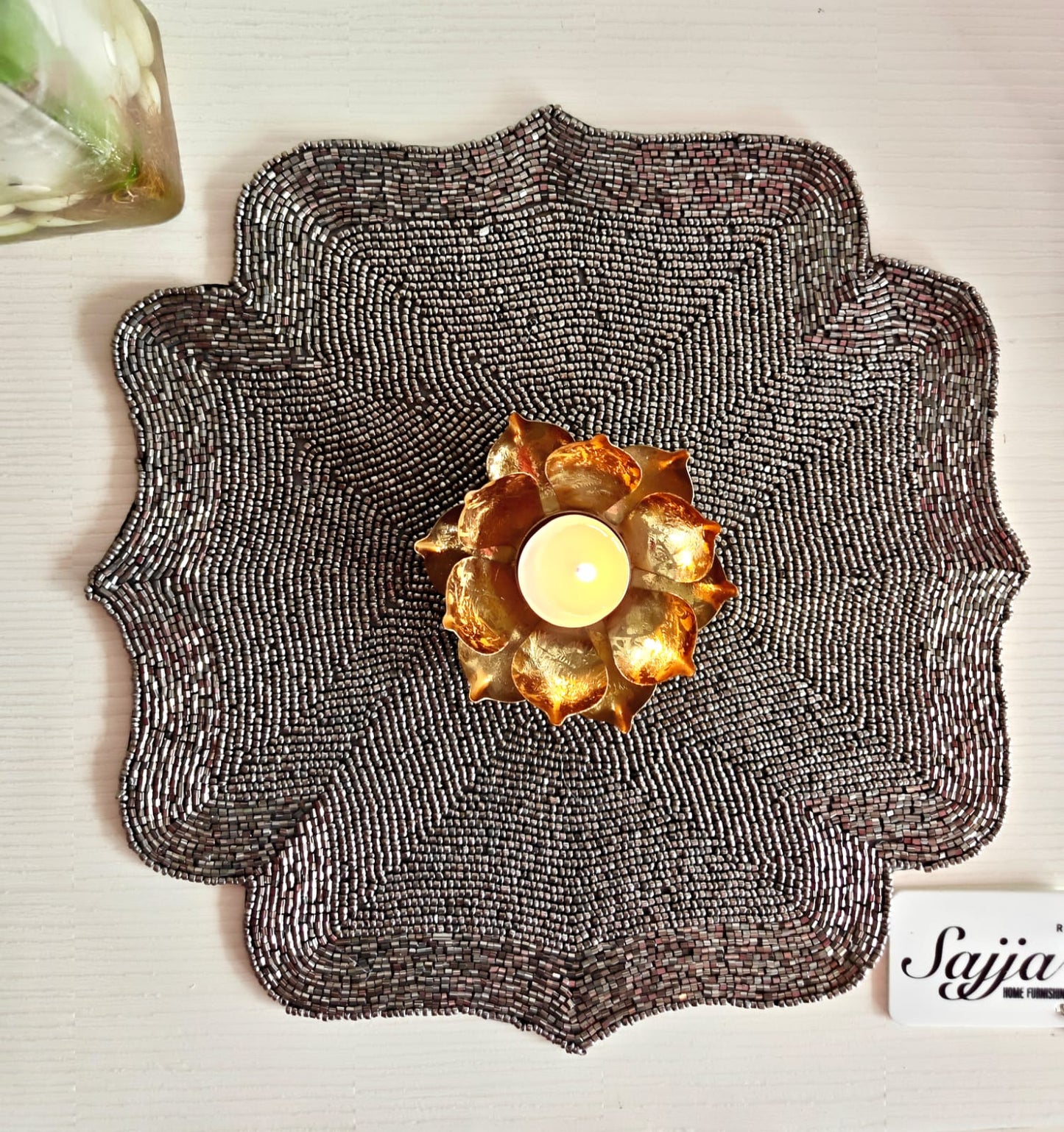 Metallic Grey Hand beaded Placemat Beads Round Mat