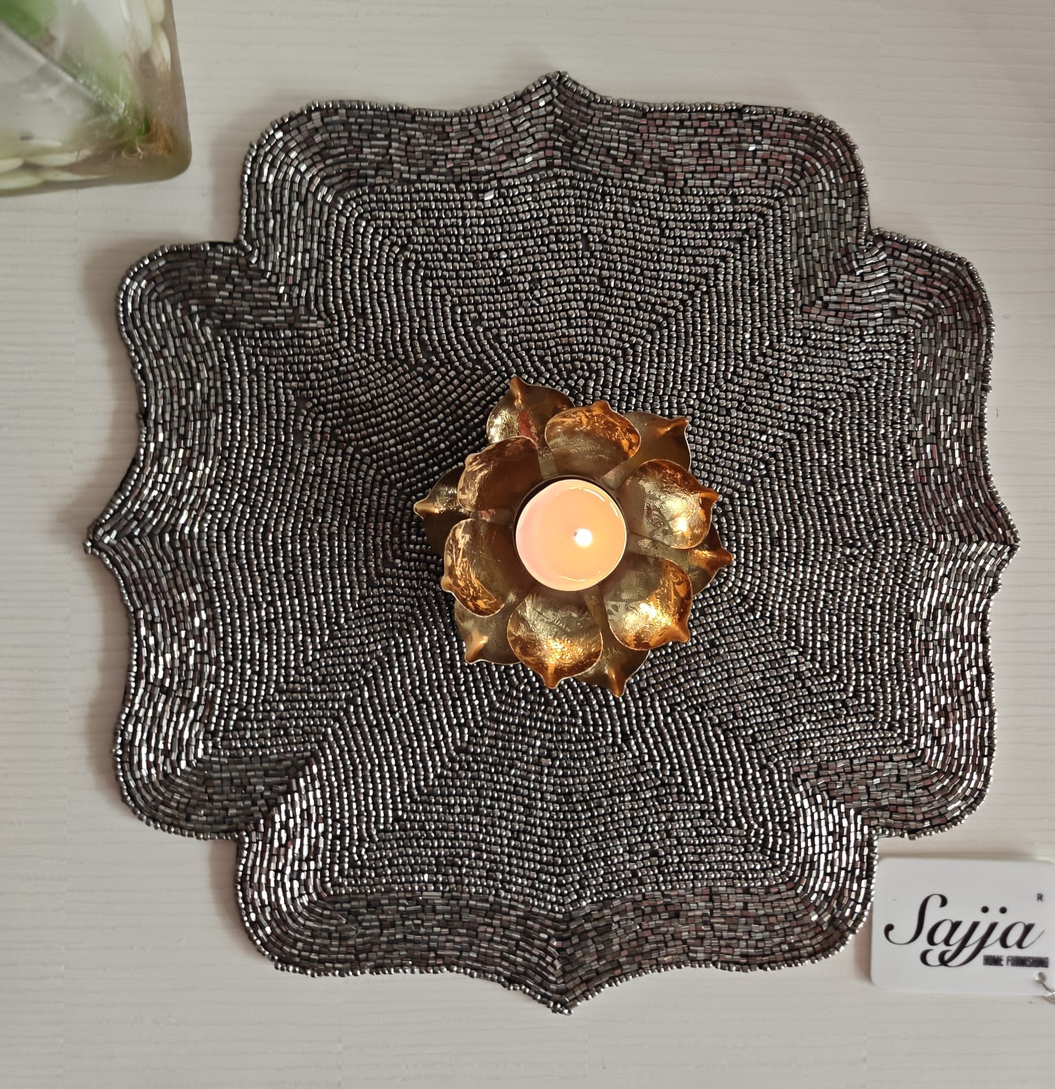 Metallic Grey Hand beaded Placemat Beads Round Mat