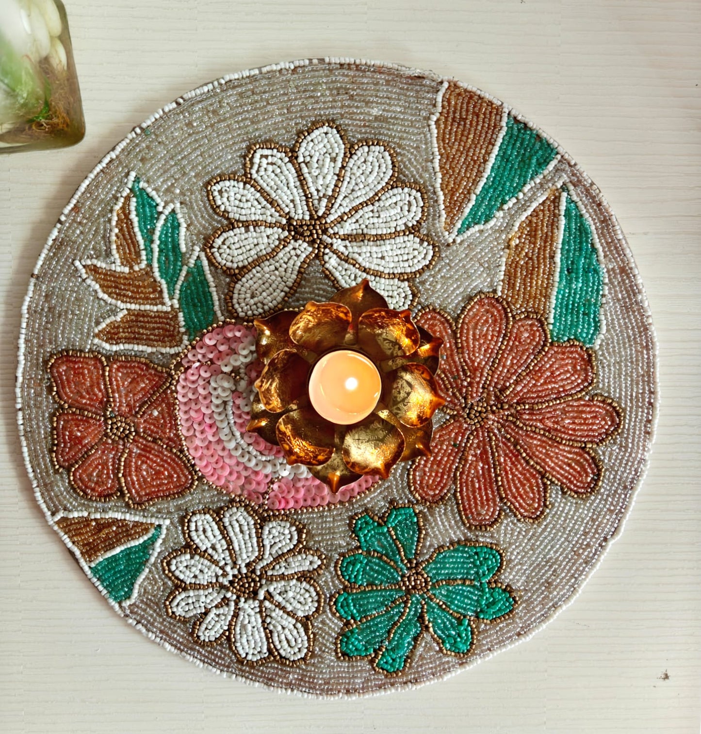 Elegant Designer Ivory Pink Teal Peach Floral Beaded Table Placemat