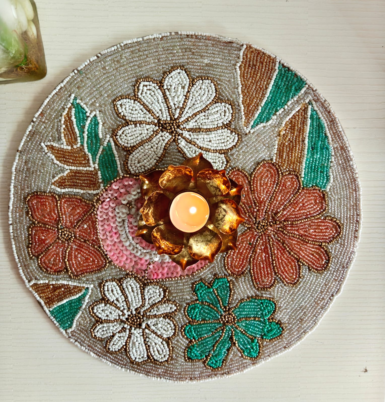 Elegant Designer Ivory Pink Teal Peach Floral Beaded Table Placemat