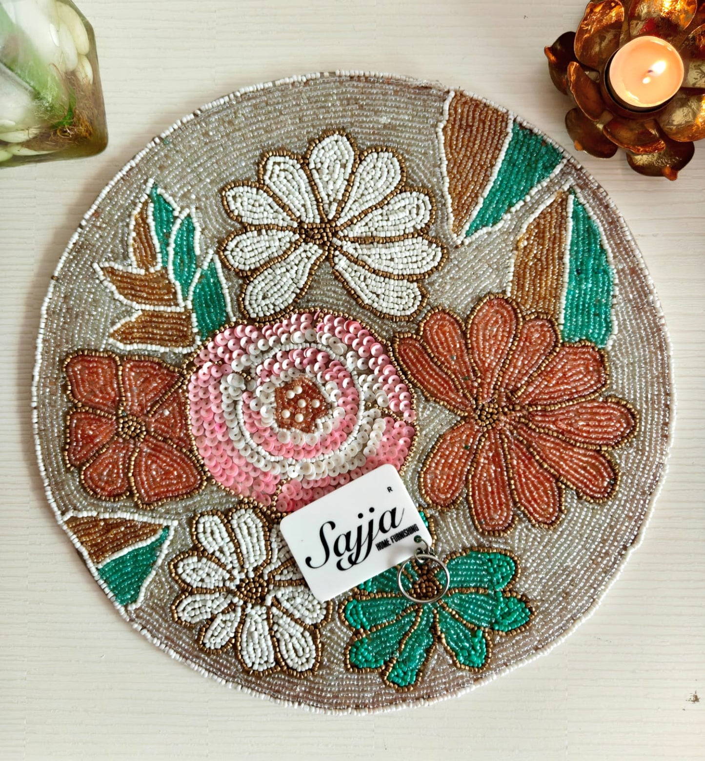 Elegant Designer Ivory Pink Teal Peach Floral Beaded Table Placemat