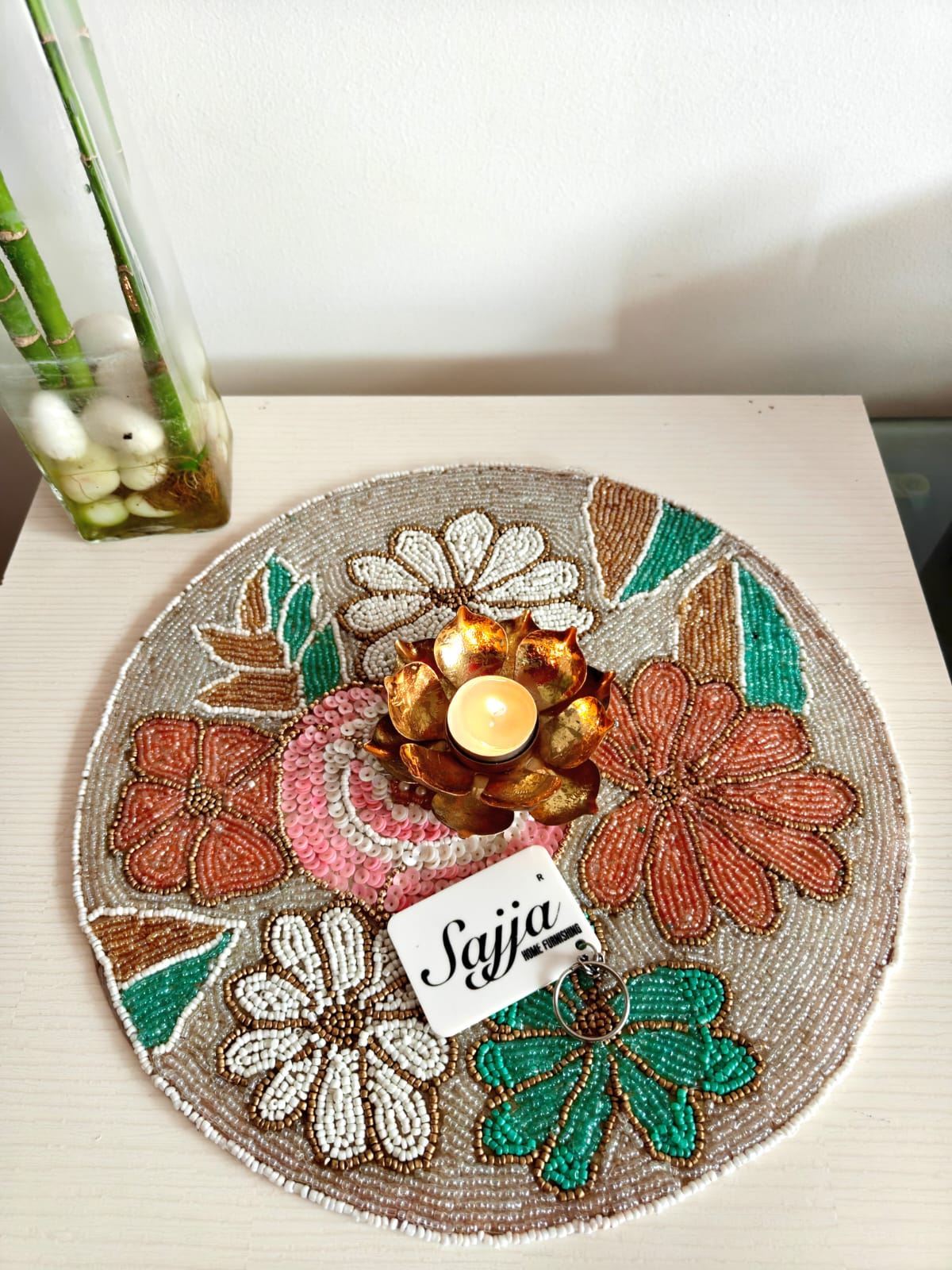 Elegant Designer Ivory Pink Teal Peach Floral Beaded Table Placemat