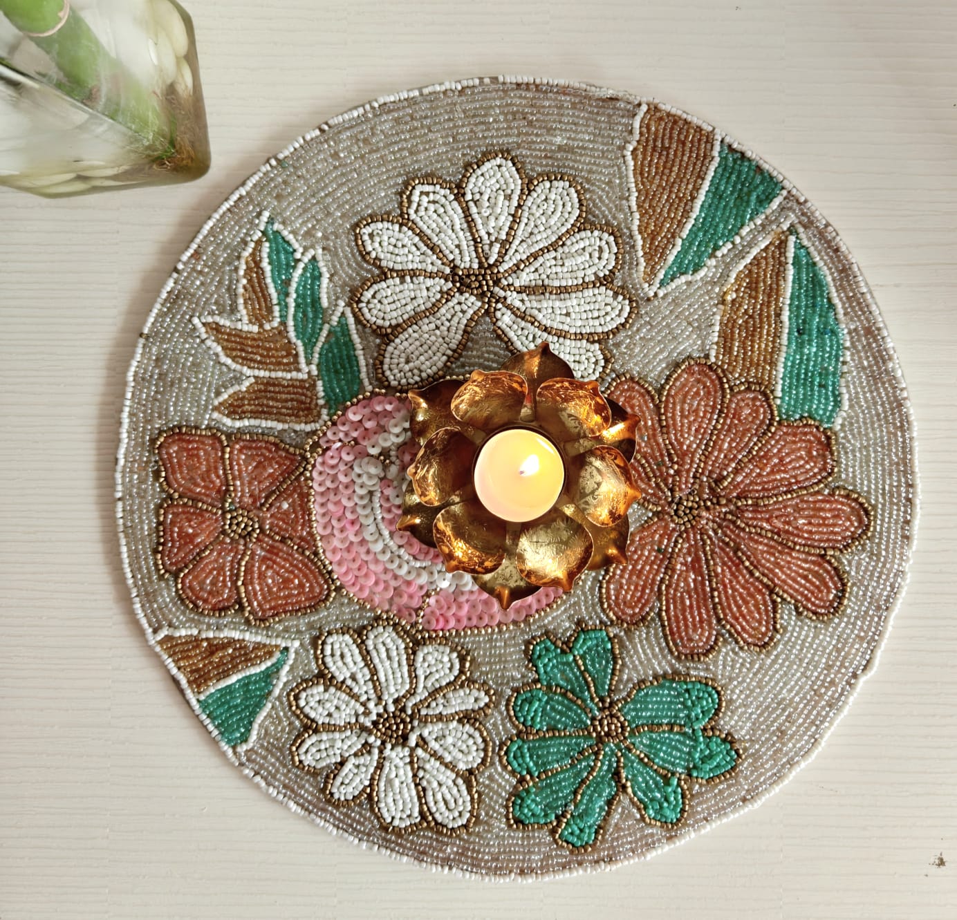 Elegant Designer Ivory Pink Teal Peach Floral Beaded Table Placemat