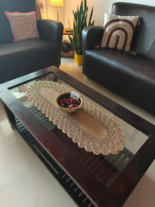 Vintage Brass Gold Oval Handwoven Beads Table Runner Home Decor