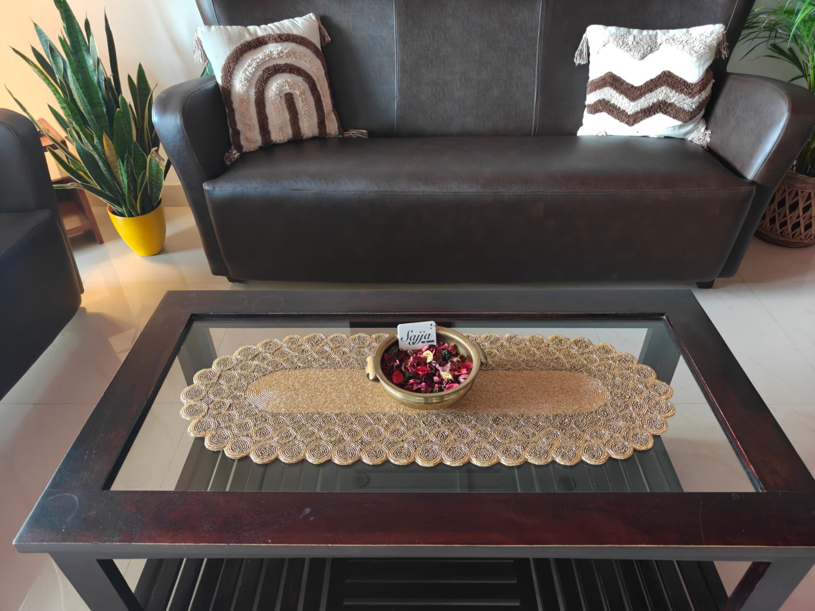 Vintage Brass Gold Oval Handwoven Beads Table Runner Home Decor