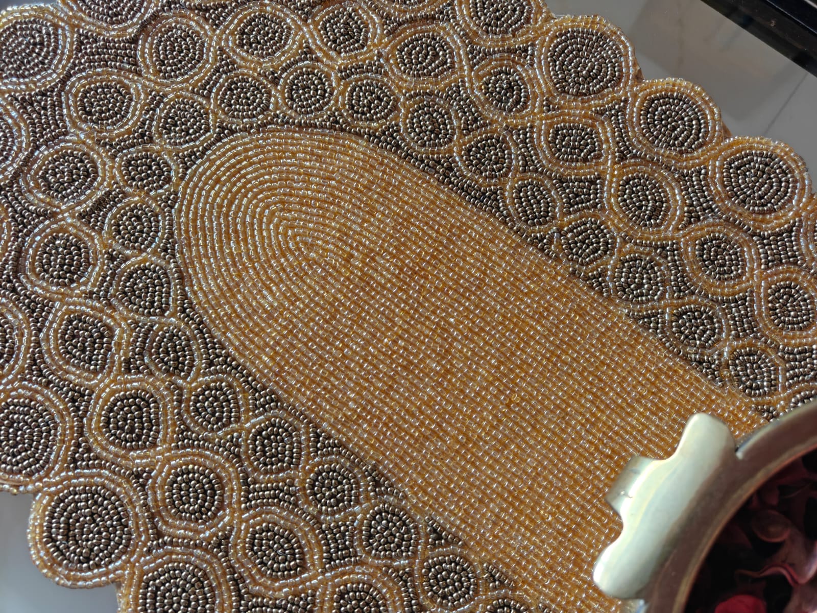 Vintage Brass Gold Oval Handwoven Beads Table Runner Home Decor