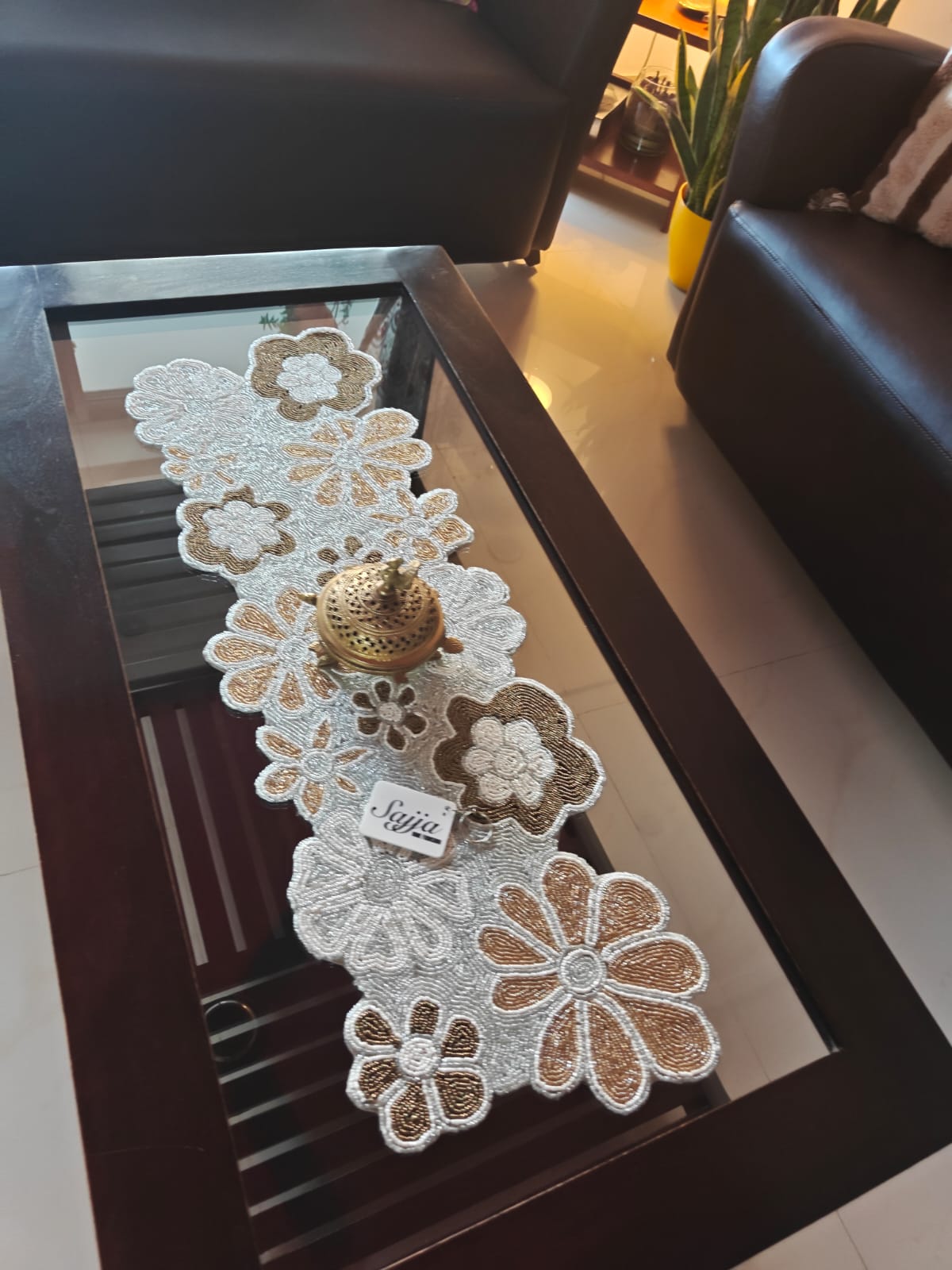 Handmade Silver Gold Floral Beaded Table Runner | Foyer runner | Coffee Table Runner
