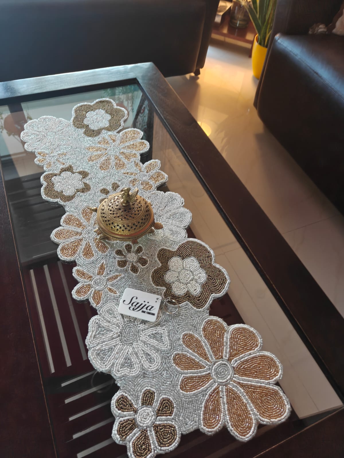 Handmade Silver Gold Floral Beaded Table Runner | Foyer runner | Coffee Table Runner