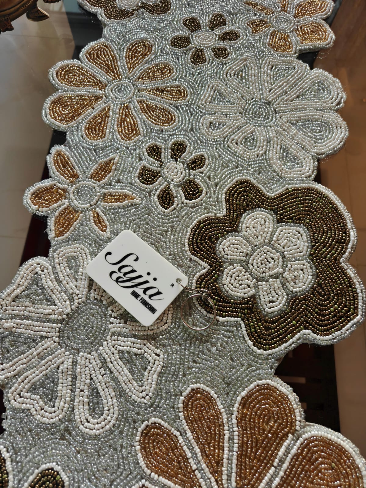 Handmade Silver Gold Floral Beaded Table Runner | Foyer runner | Coffee Table Runner