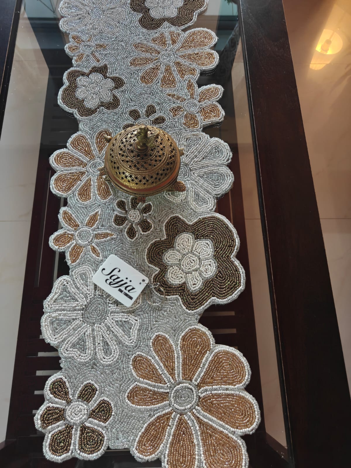 Handmade Silver Gold Floral Beaded Table Runner | Foyer runner | Coffee Table Runner
