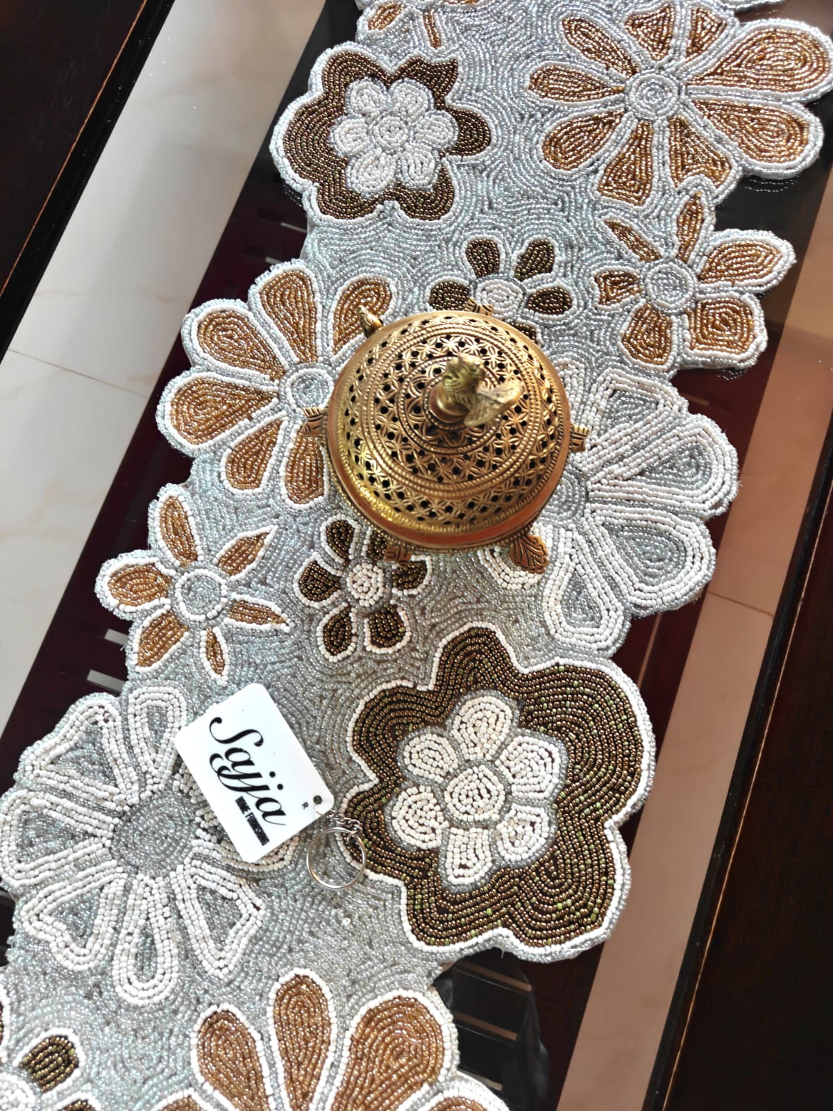 Handmade Silver Gold Floral Beaded Table Runner | Foyer runner | Coffee Table Runner