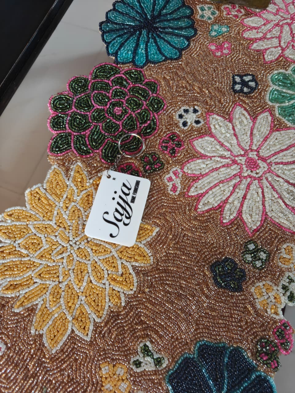 Elegant Floral Blue Bloom Handwork Beads Table Runner