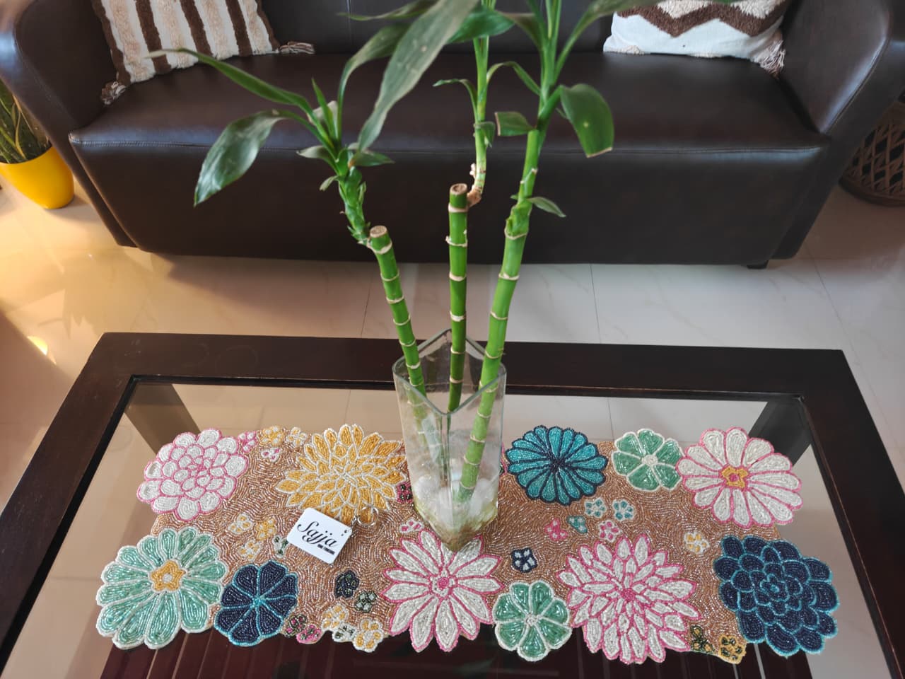 Elegant Floral Blue Bloom Handwork Beads Table Runner