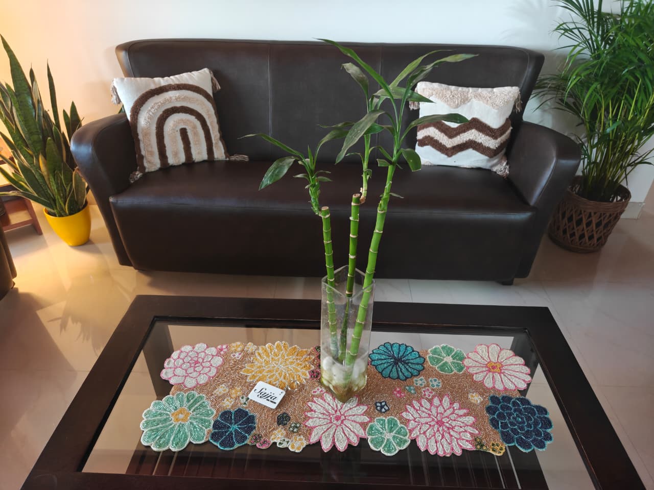 Elegant Floral Blue Bloom Handwork Beads Table Runner